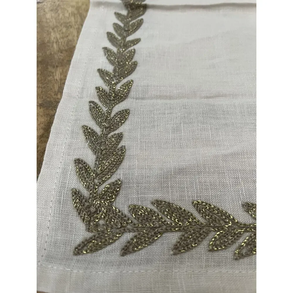Allen + Roth Embroidered Linen Napkins Set of 6 Beige with Gold Leaves